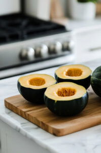 This image shows a thin slice being cut off the bottom of an acorn squash to create a stable base for it to sit upright.