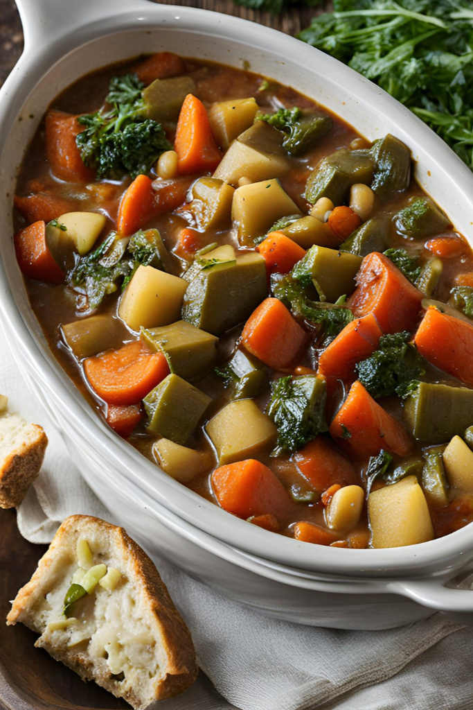 The image shows Slow Cooker Vegetable Stew ready to serve