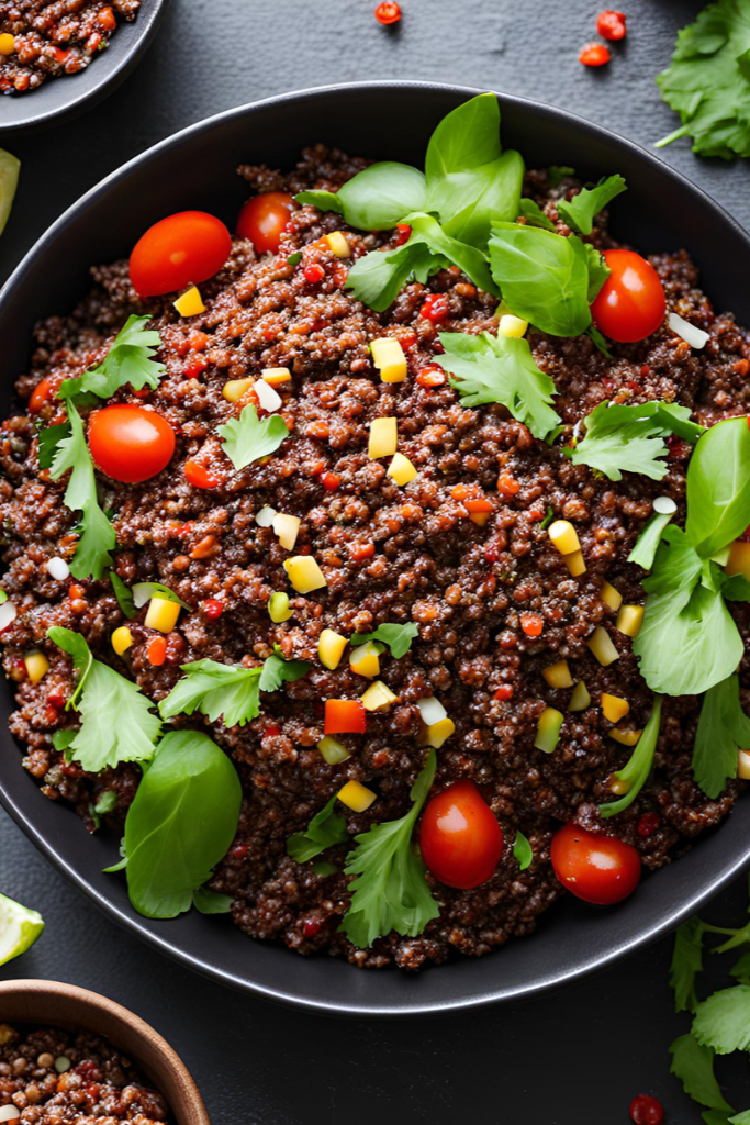 The image shows spicy red quinoa salad ready to serve