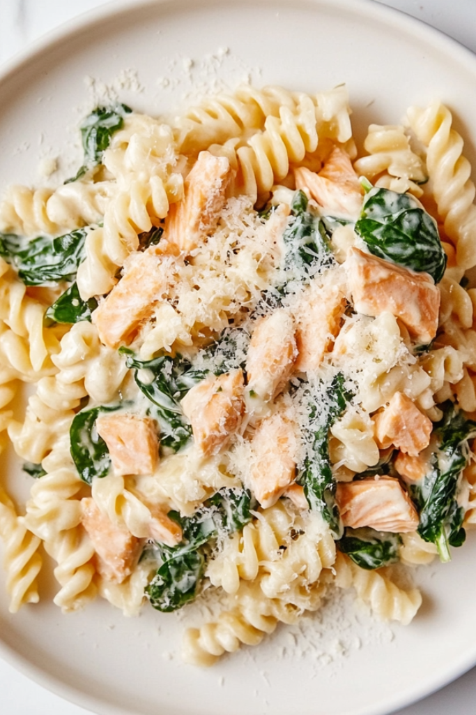 the image shows Spinach-Salmon-Pasta ready to serve