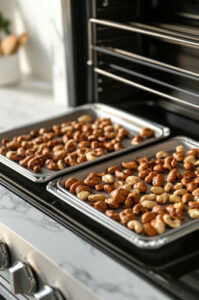 This image shows the egg-white-coated nuts spread in a single layer on two baking sheets, ready for the oven.