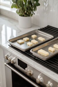 this image shows cubes of butter being melted on a baking tray