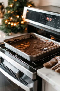 This image shows the prepared batter being poured into a greased pan and baked in the oven for 20-35 minutes, until a toothpick inserted in the center comes out clean.