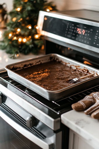 This image shows the prepared batter being poured into a greased pan and baked in the oven for 20-35 minutes, until a toothpick inserted in the center comes out clean.