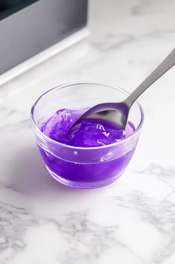 A teaspoon of grape JELL-O powder is being sprinkled into the glass cup on the white marble cooktop. The powder begins to dissolve, creating a swirling effect in the fizzy drink