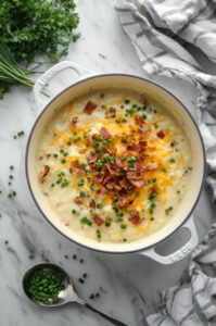 this image shows Shredded cheese, sour cream, chives, and bacon being stirred into the soup after removing from heat.