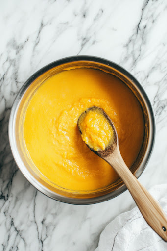 This image shows the blended squash mixture being stirred into a pot and cooked for 3 minutes until warmed through, creating a smooth sauce.