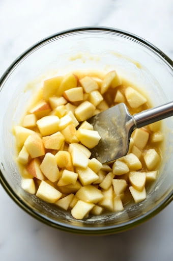 This image shows chopped apples being stirred into the prepared batter, making it chunky and ready for frying