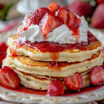 This image shows a stack of fresh baked pancakes garnished with strawberries and whipped cream, ready to be served.