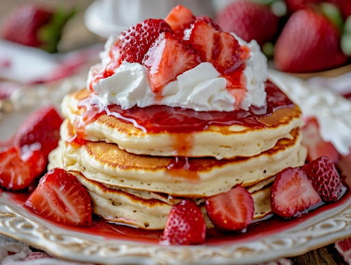 This image shows a stack of fresh baked pancakes garnished with strawberries and whipped cream, ready to be served.