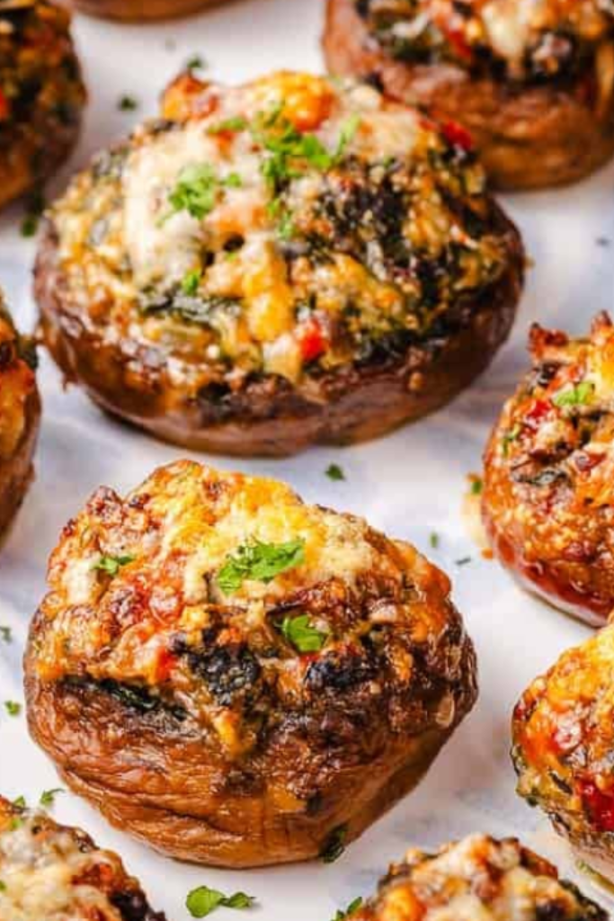 The image shows stuffed mushrooms ready to serve