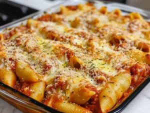 Hot stuffed shells are served from the baking dish, with golden melted cheese and rich pasta sauce covering the shells. The dish sits on the white marble cooktop, ready to be enjoyed.