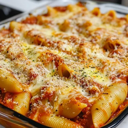 Hot stuffed shells are served from the baking dish, with golden melted cheese and rich pasta sauce covering the shells. The dish sits on the white marble cooktop, ready to be enjoyed.