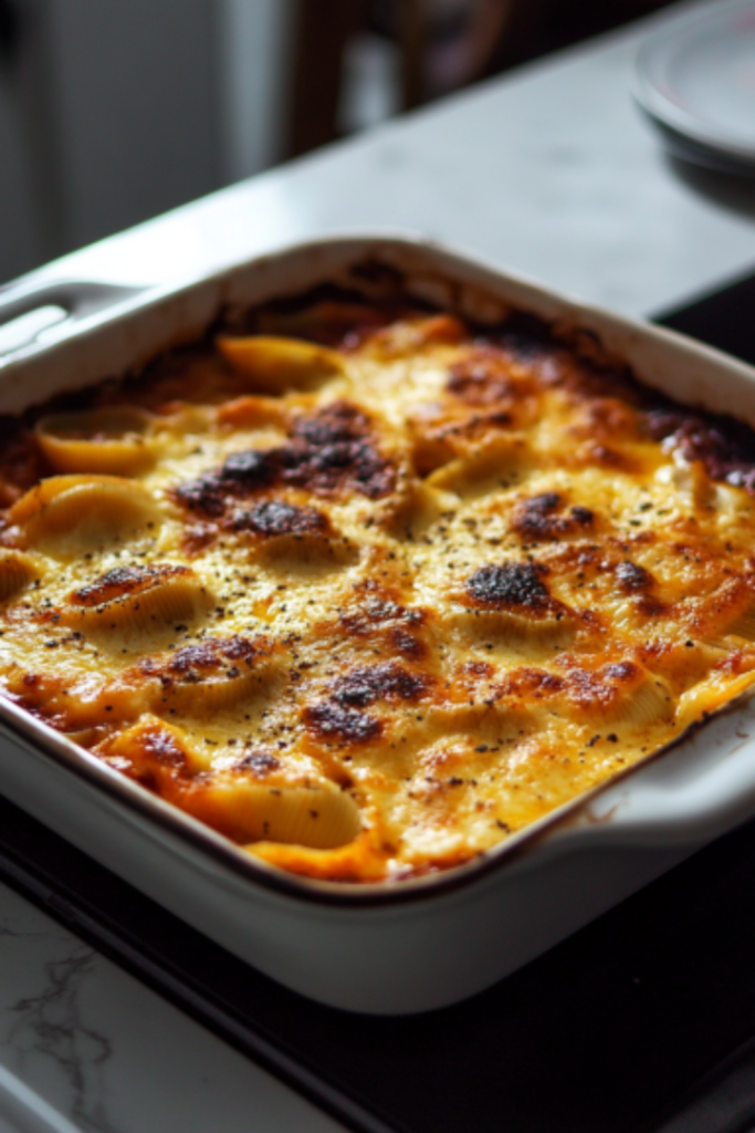 Hot stuffed shells are served from the baking dish, with golden melted cheese and rich pasta sauce covering the shells. The dish sits on the white marble cooktop, ready to be enjoyed.