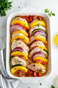 This image shows chicken breasts in a baking dish with alternating slices of zucchini, yellow squash, red onion, and tomato stuffed into the slits, creating a colorful presentation.