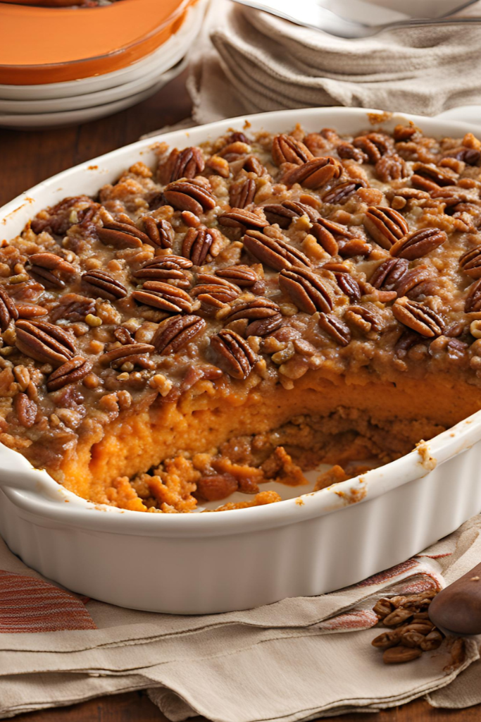 The image shows Sweet Potato Casserole With pecan topping ready to serve