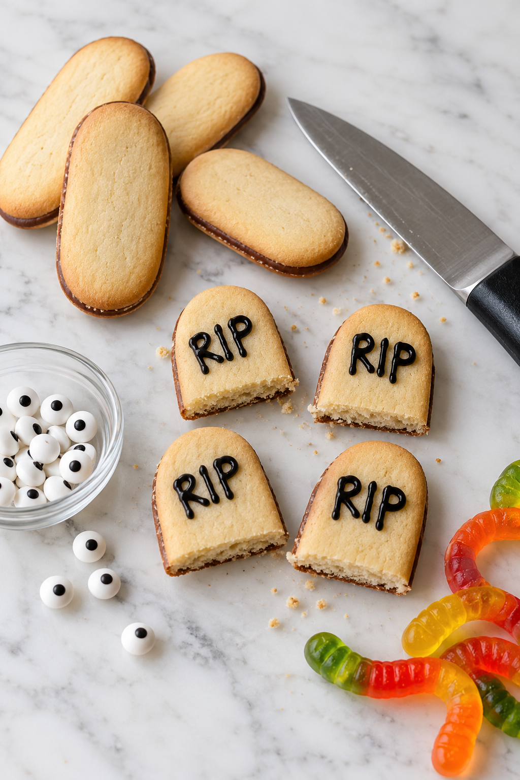To create tombstones, cut each Milano cookie in half. Use black icing to write “RIP” on each half
