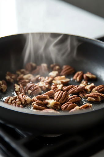 This image shows pecans and cinnamon being toasted in a small saucepan with melted butter until lightly golden.