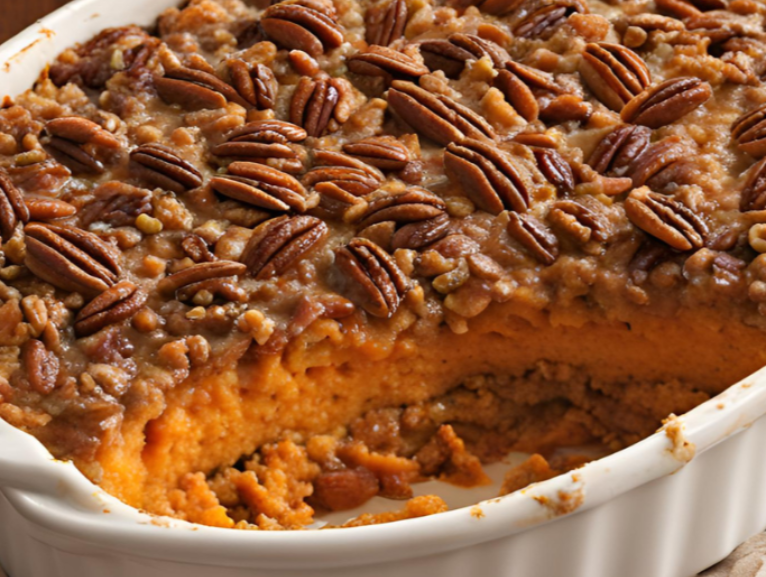 The image shows Sweet Potato Casserole With Pecan Topping ready to serve