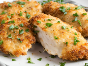 The image shows Baked-Parmesan-Crusted-Chicken ready to serve