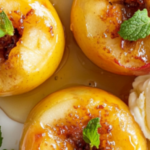 The image shows baked apples with oats and brown sugar ready to serve