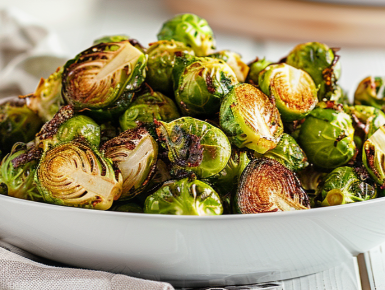 The image shows Air-Fryer-Brussels-Sprouts ready to serve