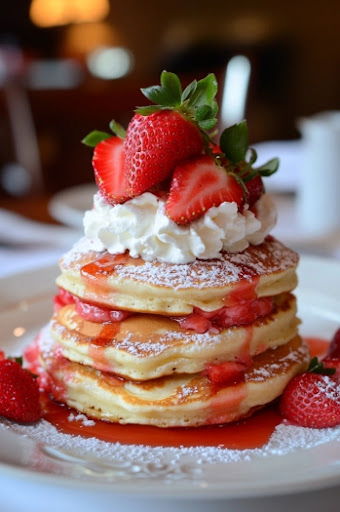 This image shows freshly baked pancakes topped with strawberry syrup, fresh strawberries, and whipped cream.