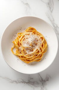 This image shows the cooked fettuccine being tossed in the creamy pumpkin Alfredo sauce, with a cup of reserved cooking water being added to adjust the consistency.