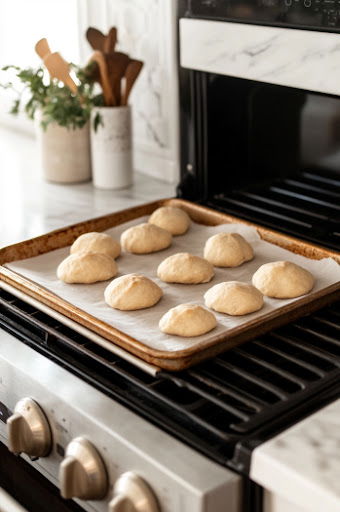 This image shows the dough being transferred to a parchment-lined baking sheet, with dimples being poked into the surface and butter brushed over it.