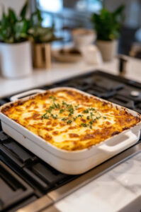 This image shows the pasta coated in squash sauce being transferred into a prepared baking dish, ready for the topping.