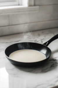 This image shows a saucepan on medium-low heat, gently warming milk until it reaches a lukewarm temperature.