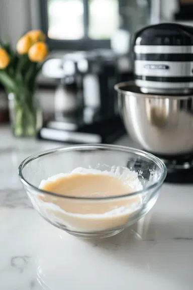 A glass bowl on the white marble cooktop holds sour cream, buttermilk, eggs, hot coffee, vegetable oil, and vanilla being whisked together. The mixture is ready to be poured into the mixer bowl with the dry ingredients.