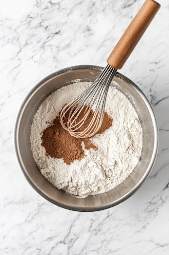 This image shows a large mixing bowl filled with flour, sugar, baking powder, and other dry ingredients. A whisk is being used to blend them evenly.