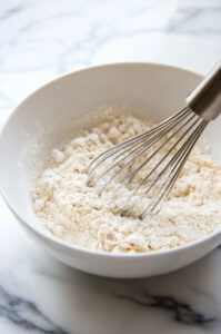 This image shows a medium bowl with flour, baking powder, salt, granulated sugar, and brown sugar. A whisk is being used to blend the dry ingredients for the crumble topping.