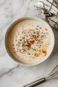 This image shows a large bowl with a mixture of mayonnaise, ranch seasoning mix, cider vinegar, sugar, water, garlic powder, and pepper being whisked together until smooth.