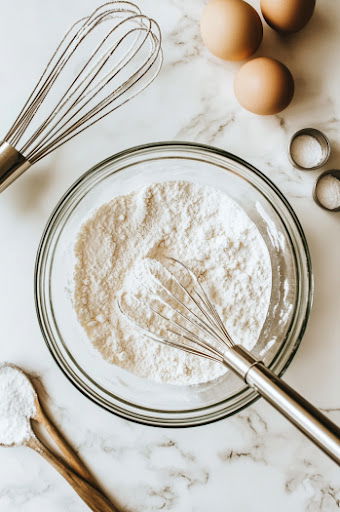 This image shows a bowl filled with flour, sugar, baking powder, cinnamon, and salt being whisked together until well combined