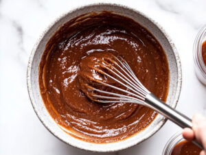 This image shows a whisk being used to stir the apple butter, giving it a smooth, creamy consistency.