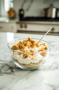 A large glass bowl on the white marble cooktop, filled with pumpkin puree, pumpkin pie spice, cinnamon, and flour, is whisked into a smooth, spiced filling, ready to be combined with cream cheese.