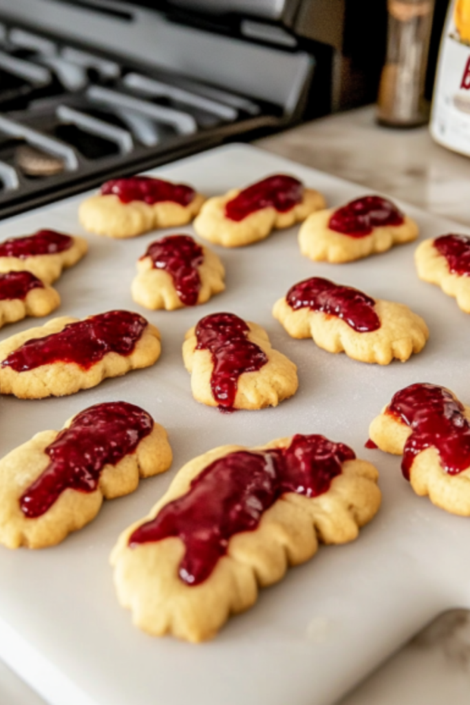 The finished finger cookies are cooling on the white marble cooktop, with the 'bloody' almond nails set in place, ready to be served for a spooky treat.