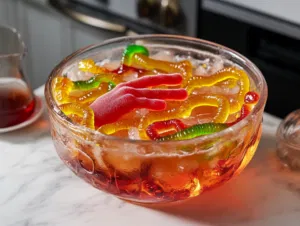 Gummy snakes are placed around the frozen hand in the punch bowl on the white marble cooktop, adding a spooky touch to the punch. The punch is ready to be served cold!