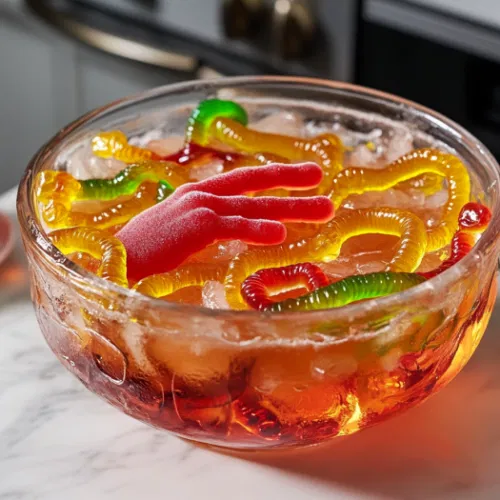 Gummy snakes are placed around the frozen hand in the punch bowl on the white marble cooktop, adding a spooky touch to the punch. The punch is ready to be served cold!