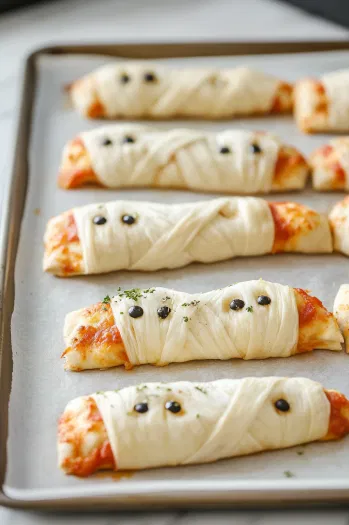 Strips of dough being folded over the pizza toppings in a criss-cross pattern to create a mummy-like appearance. The pizza mummies are sitting on the white marble cooktop, ready to bake.