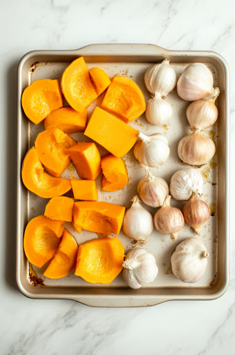 This image shows shallots being drizzled with olive oil and sprinkled with salt before being wrapped in foil and placed next to the squash on the baking sheet.