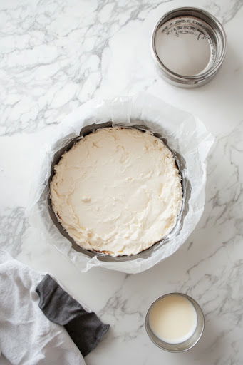 This image shows a baking pan being wrapped with a long piece of aluminum foil, extending above the rim for easy removal.