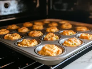 The golden brown puddings, perfectly risen, are removed from the muffin tin and placed on a serving plate on the white marble cooktop. Steam rises from the hot puddings, ready to be served immediately.