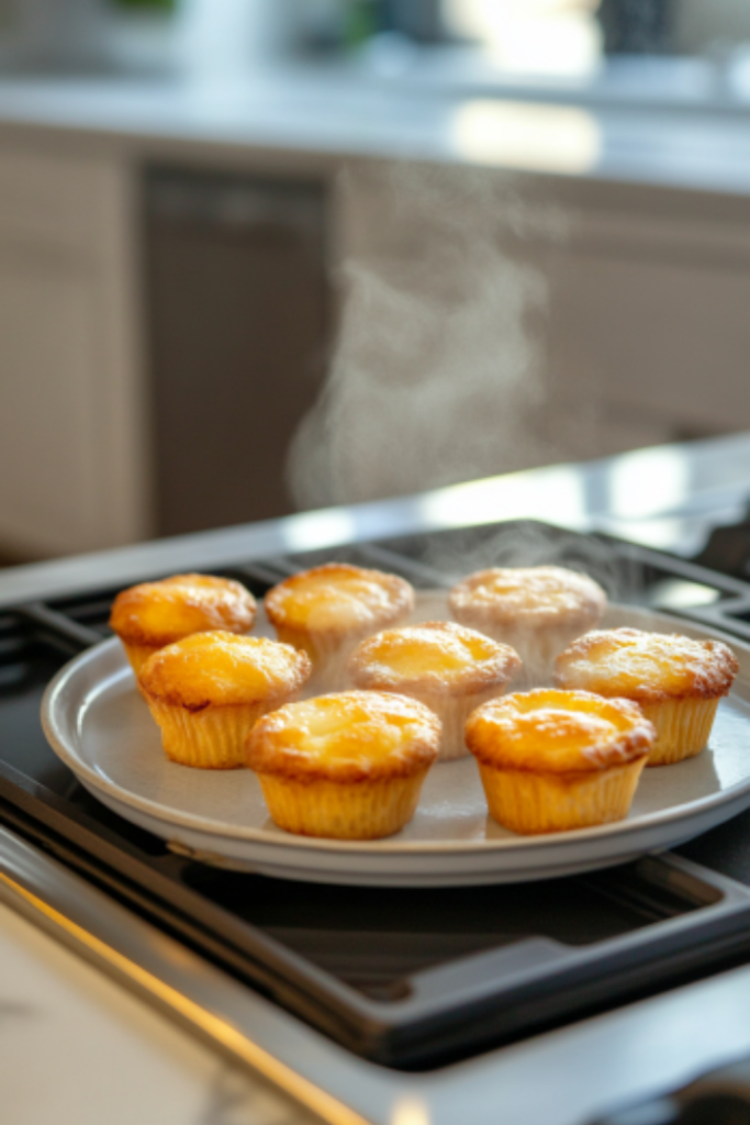 The golden brown puddings, perfectly risen, are removed from the muffin tin and placed on a serving plate on the white marble cooktop. Steam rises from the hot puddings, ready to be served immediately.