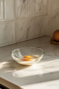 A small glass bowl on the white marble cooktop shows semi-skimmed milk and a whisked egg being combined. This mixture is gradually poured into the thick cake batter, loosening it up as it’s stirred well between additions.