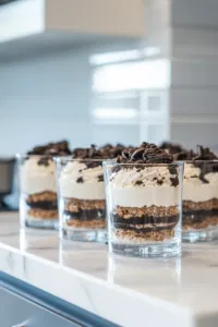 "A layer of Oreo crumbs at the bottom of each glass cup on the white marble cooktop. One or two scoops of Oreo mousse are placed on top, followed by another layer of crumbs and more mousse.