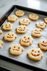 Shaped cookies placed 2 inches apart on a baking sheet, ready to bake in the oven on the white marble cooktop. The cookies will be baked until the edges are lightly golden brown.