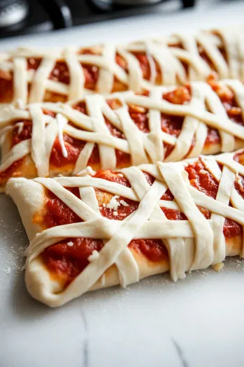 The pizza mummies, lightly sprayed with olive oil, are placed on a parchment-lined baking sheet, ready to be transferred into the oven on the white marble cooktop to bake until golden and crispy.